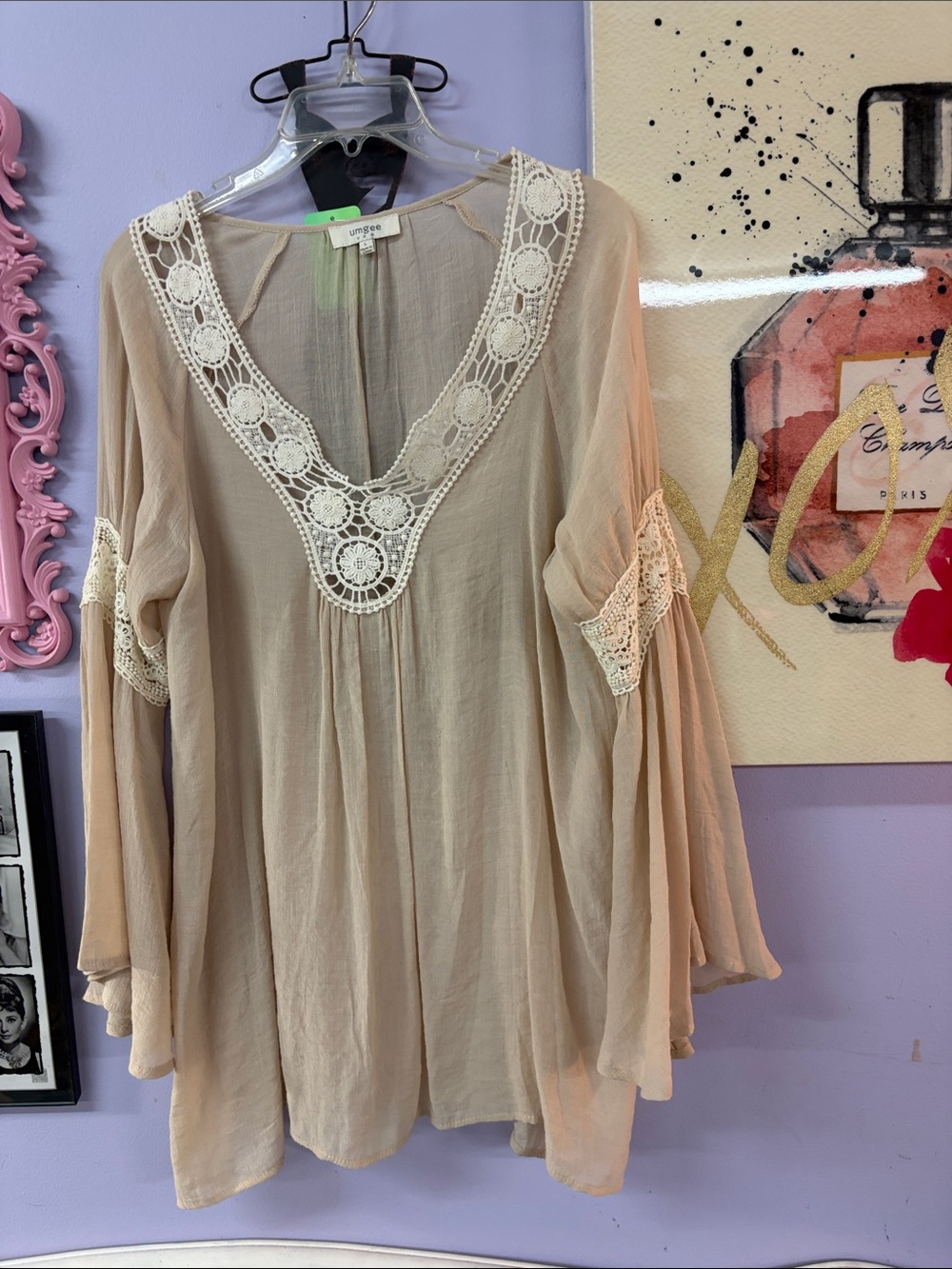 Umgee Beige Crochet-Trim Boho Tunic Top